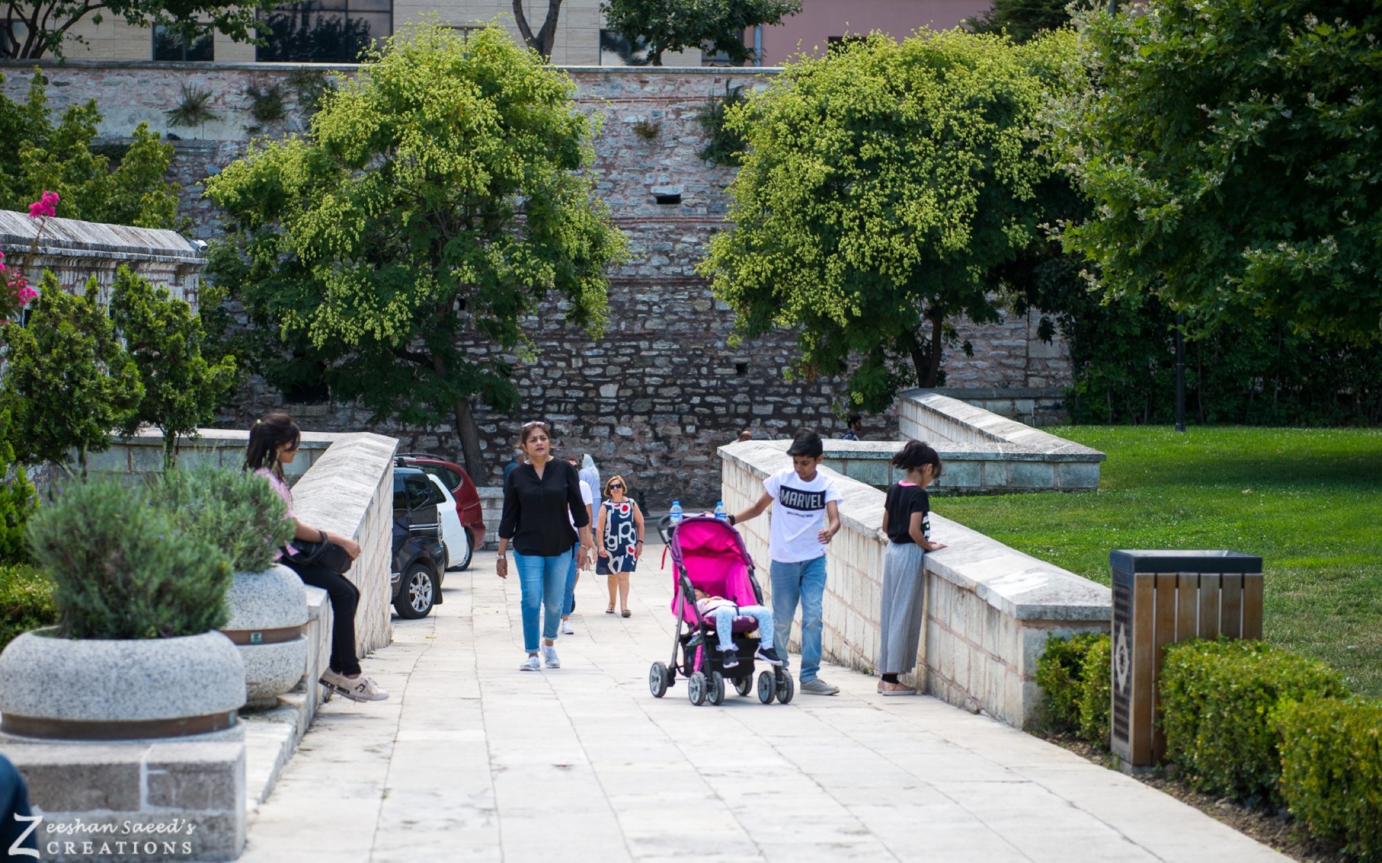 The family on an Old City walk, stroller and all