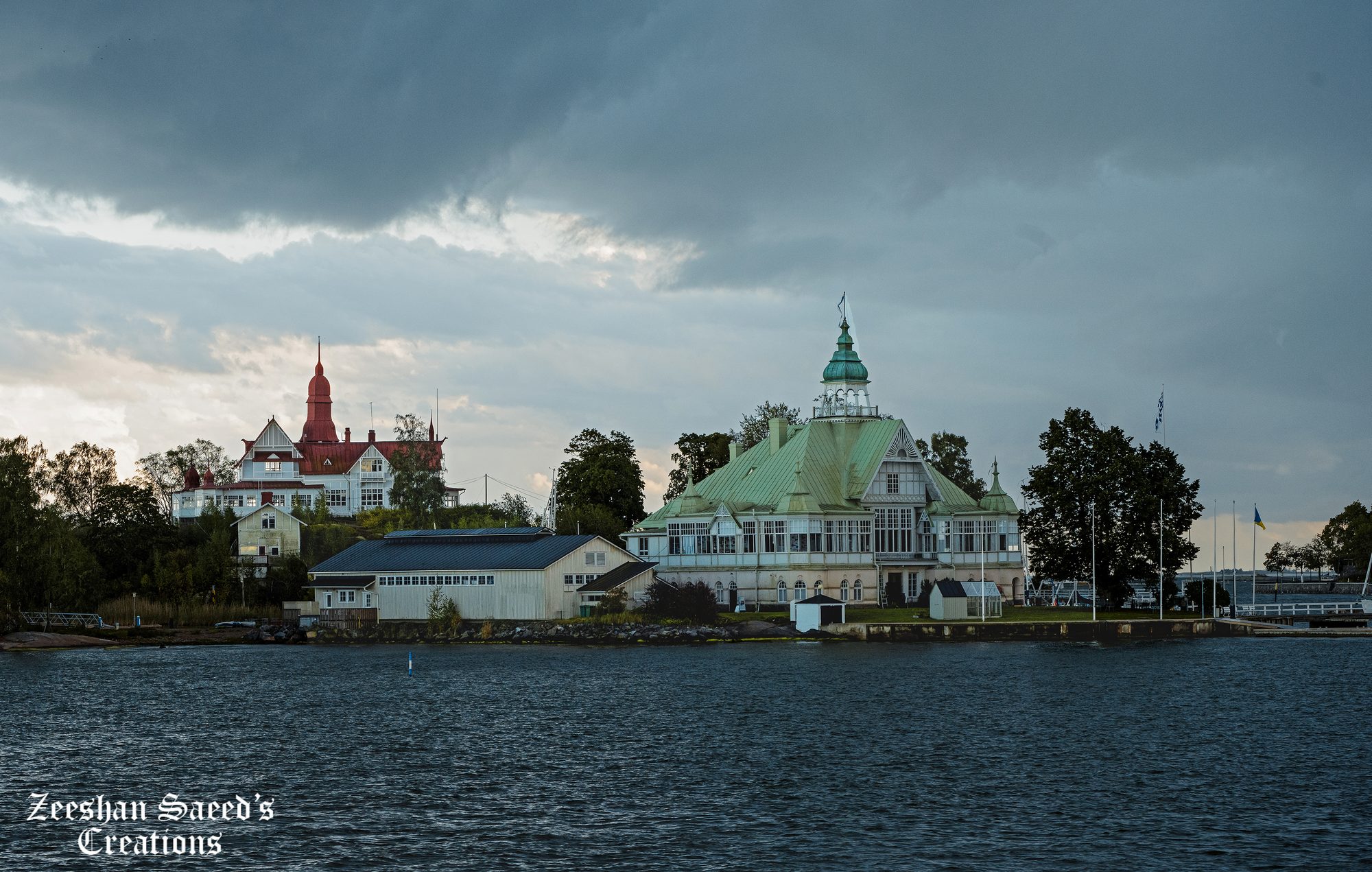 Valkosaari (Blekholmen) under stormy skies, from the ferry back