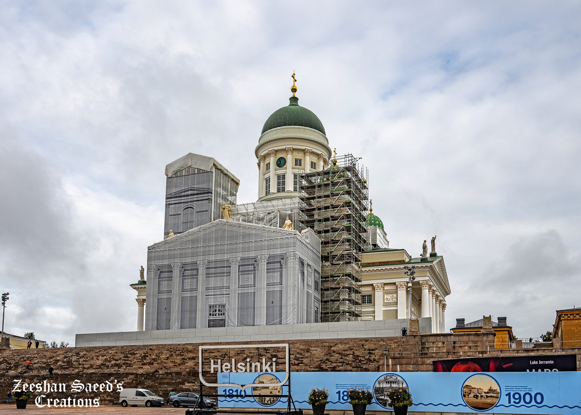 Helsinki Cathedral wrapped in restoration scaffolding