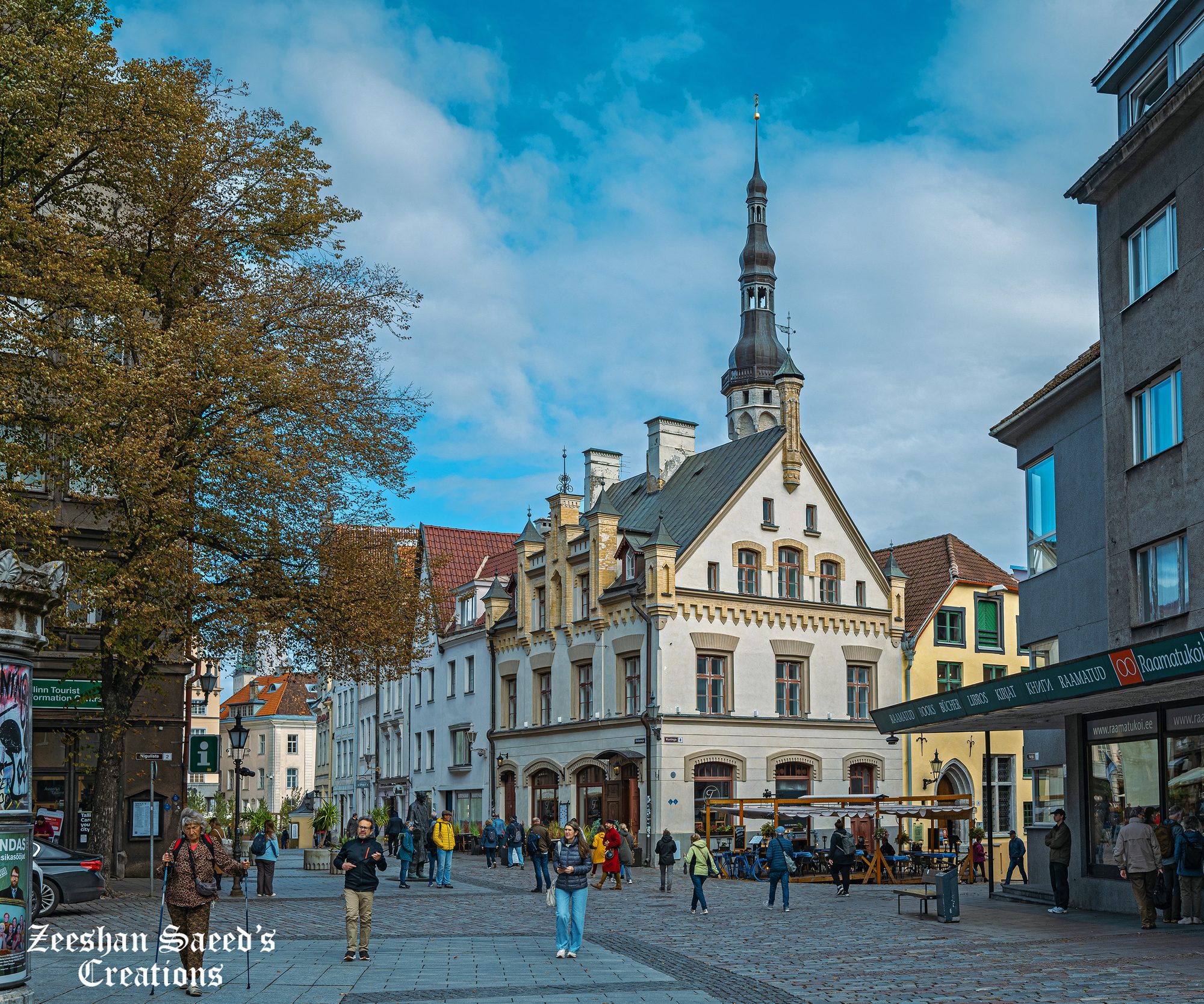 Near Town Hall Square, with the Town Hall spire rising behind